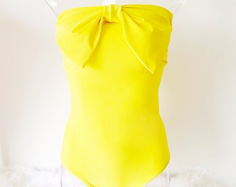 Yellow Bow one piece swimsuit Tank suit Swimwear strapless Lycra spandex One piece Bathing suit bodysuit strapless Sexy Cute, Vintage