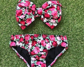 Vintage Bow Bandeau Bikini Swimsuit Cotton Cute Sexy Bikini Pita Pata DiVa Lingerie style Swimming Red Pink Black Rose Flowers Swimwear