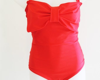 Red Bow one piece swimsuit Tank suit Swimwear strapless Lycra spandex One piece Bathing suit bodysuit strapless Sexy Cute, Vintage