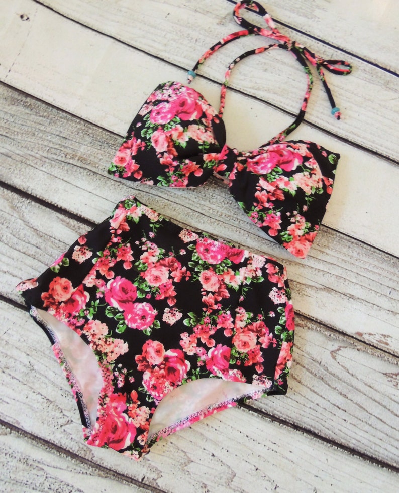 High Waisted Bikini Bottoms Only in Vintage Pink Black Floral Etsy