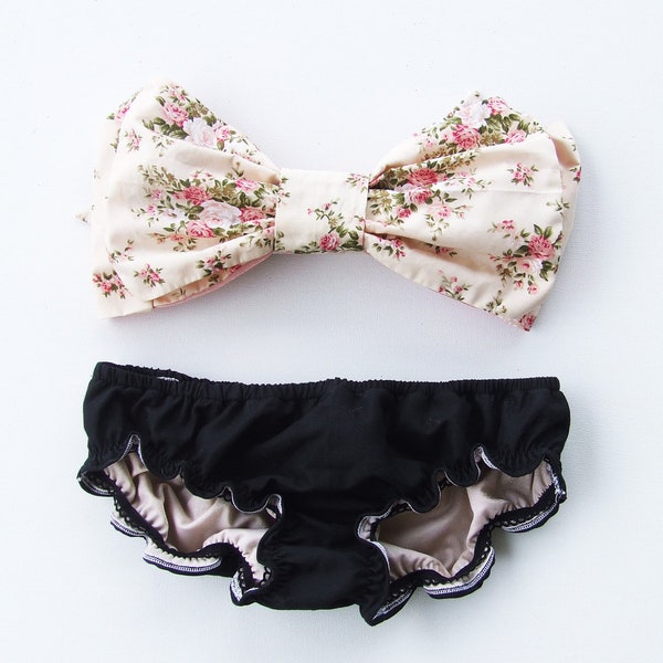 Bow Bandeau Bikini  Swimsuit DiVa Halter Neck. Cottage Garden Floral and Black Ruffle Panties for Sunbathing. Sexy and cute.