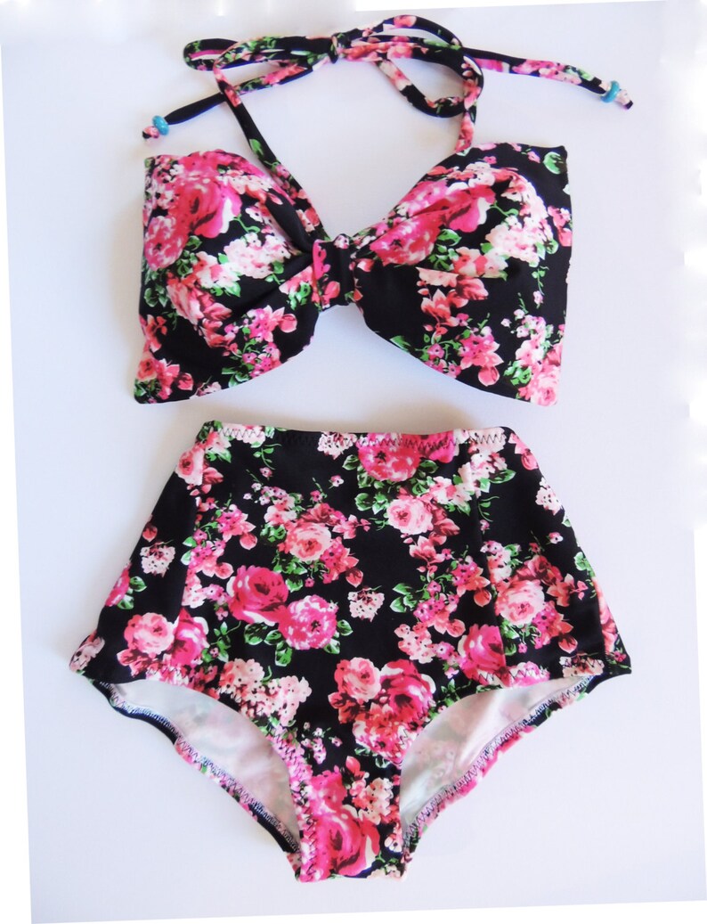 High Waisted Bikini Bottoms Only in Vintage Pink Black Floral - Etsy