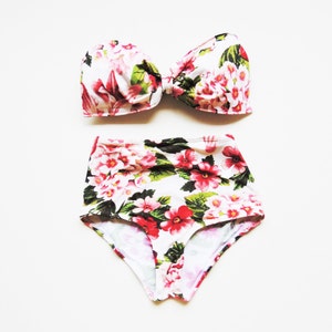 High Waist Bow Bandeau Bikini Floral Vintage Red green flowers top High waist Cute Sexy Swimwear Retro Swimming Costume Swimwear image 3