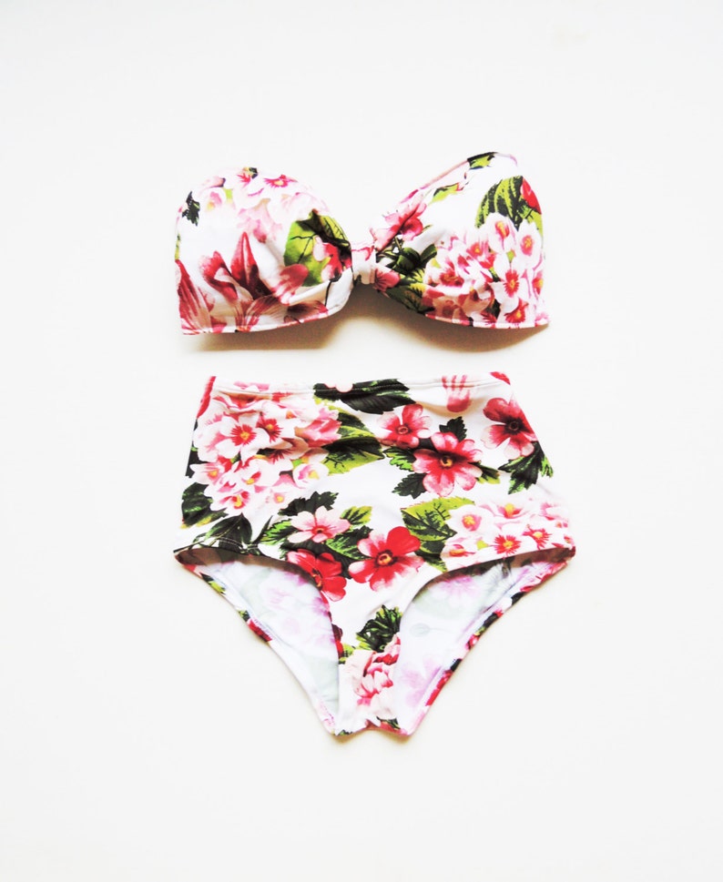 High Waist Bow Bandeau Bikini Floral Vintage Red green flowers top High waist Cute Sexy Swimwear Retro Swimming Costume Swimwear image 3