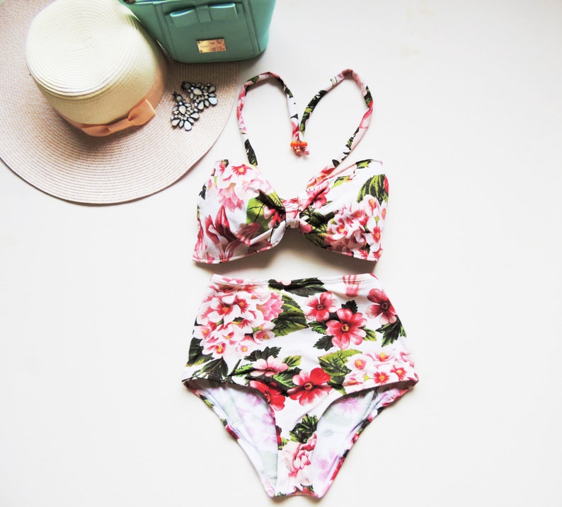 High Waist Bow Bandeau Bikini Floral Vintage Red green flowers top High waist Cute Sexy Swimwear Retro Swimming Costume Swimwear image 5