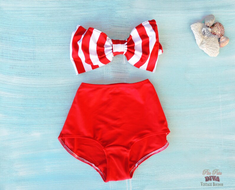High Waisted Bow Bikini in Red Vintage Bottoms & Stripe Bow Etsy