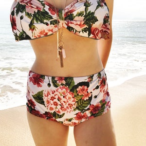 High Waist Bow Bandeau Bikini Floral Vintage Red green flowers top High waist Cute Sexy Swimwear Retro Swimming Costume Swimwear image 10