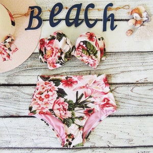 High Waist Bow Bandeau Bikini Floral Vintage Red green flowers top High waist Cute Sexy Swimwear Retro Swimming Costume Swimwear image 4