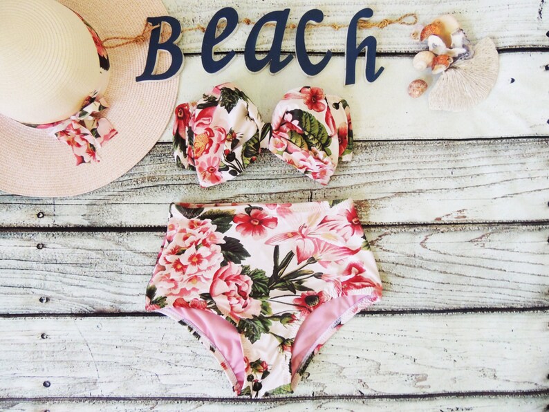 High Waist Bow Bandeau Bikini Floral Vintage Red green flowers top High waist Cute Sexy Swimwear Retro Swimming Costume Swimwear image 4