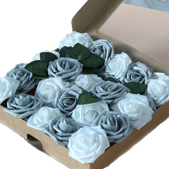 Sliver Glitter Flowers White Roses Fake Wedding Flowers 25 pcs Gift Box  Packed Flowers For Bridal Bouquets Wedding Centerpieces ZSZ-02