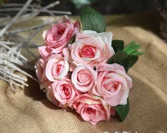 Bridesmaids Bouquet, Soft Pink, Coral Pink, Plum Silk Flower Bouquet Wedding Flower 9 Heads Artificial Rose Bouquet Home Decoration F-12504