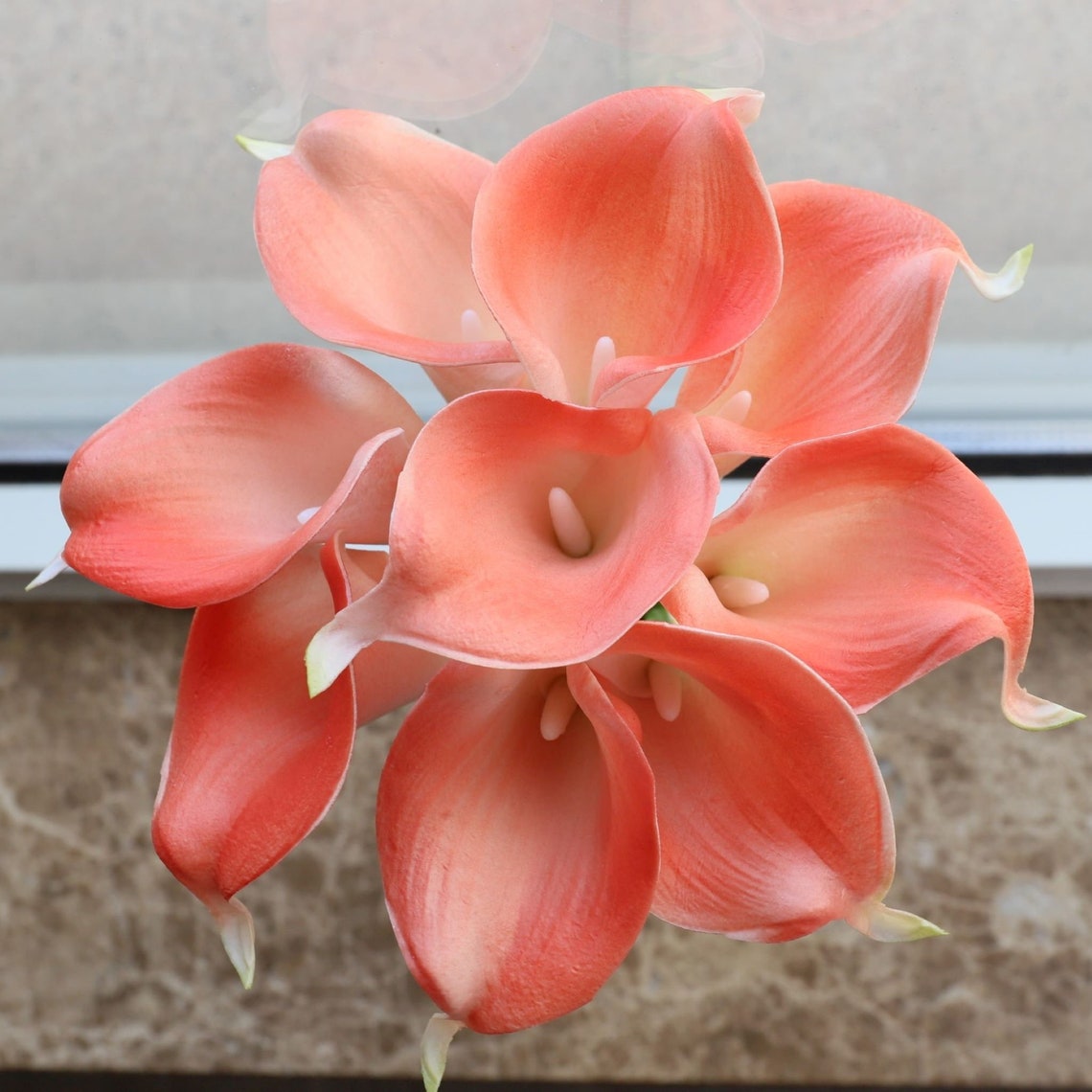 Coral Calla Lily Bouquet Fake Wedding Flowers Coral Reef Real Etsy