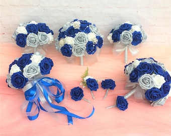 Royal Blue and Silver Rose Wedding Bouquet, Bridal Bridesmaid Bouquets Boutonnieres Wedding Set,  Royal Blue White Flower Bouquet DJ-58A