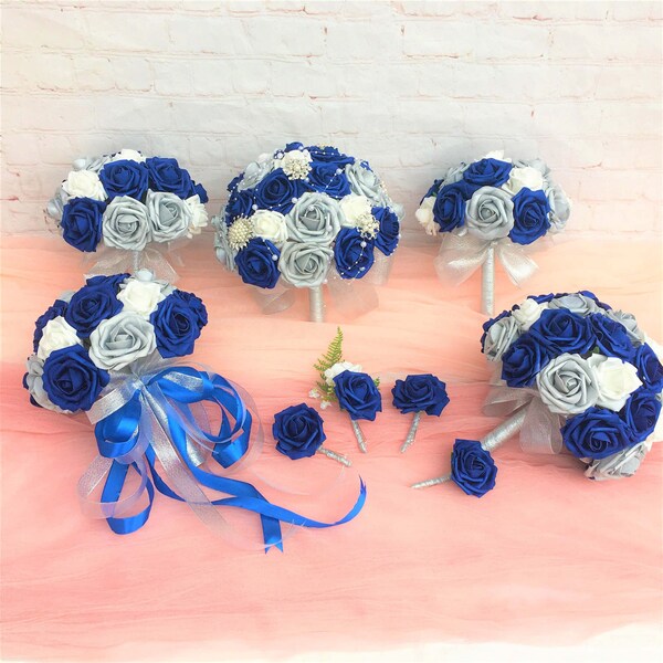 Royal Blue and Silver Rose Wedding Bouquet, Bridal Bridesmaid Bouquets Boutonnieres Wedding Set,  Royal Blue White Flower Bouquet DJ-58A