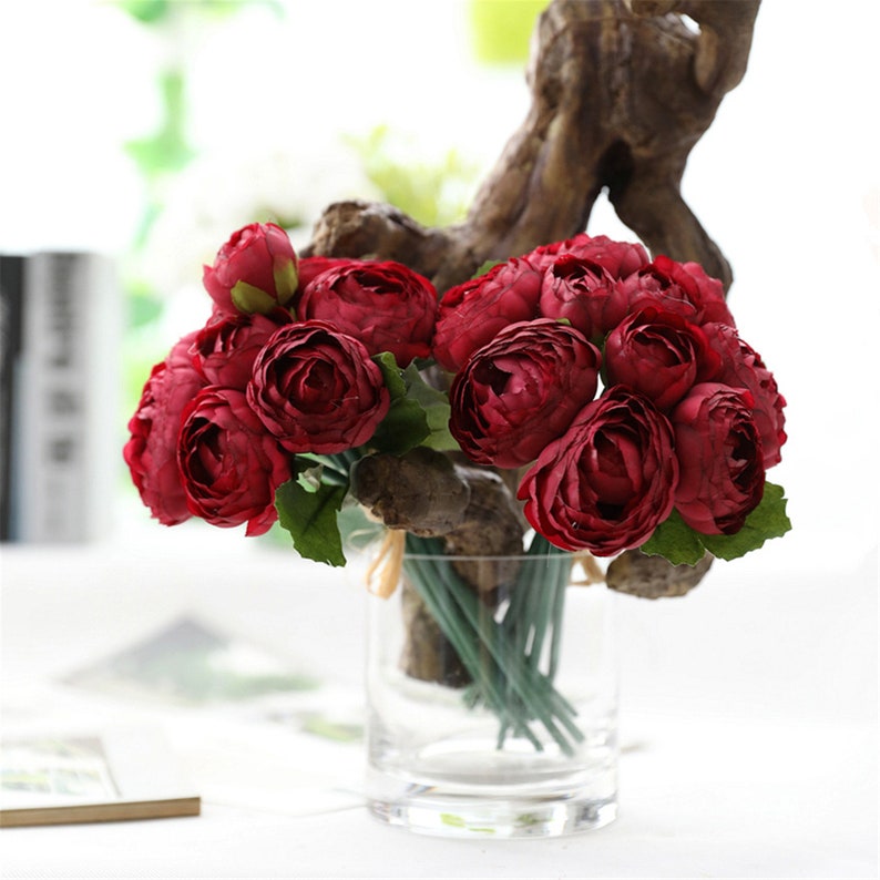 Dark Red Artificial Flowers Silk Faux Peony Bouquet Wedding Flowers Peonies for Bridal Bridesmaid Flower Arrangement Home Decoration JM802
