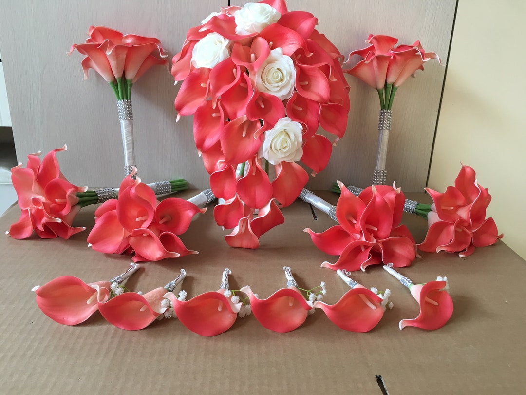 Wedding Bouquet Set Coral Bridal Bouquet Silk Flower Etsy