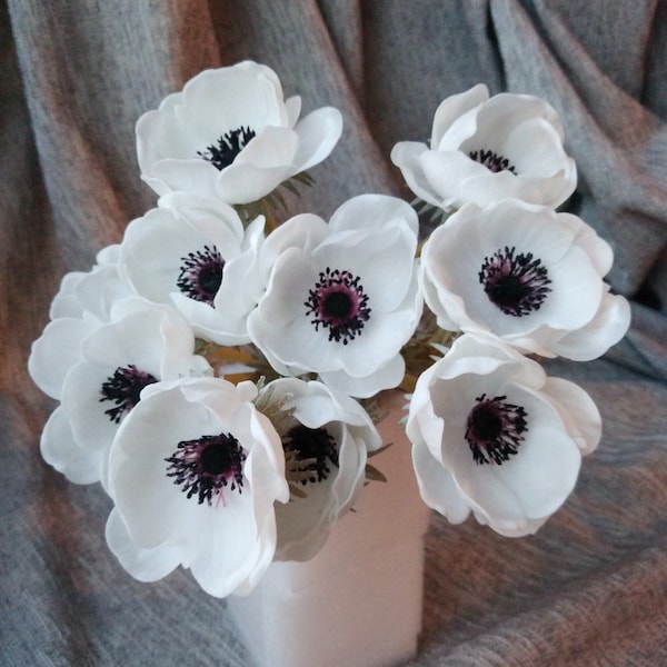 Real Touch White Anemones Flowers PU Artificial Anemones Wedding Flowers For Bouquet Table Centerpieces Natural PU Flowers