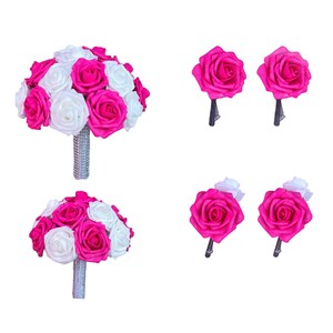 Hot Pink Wedding Bouquets, Artificial Flower Bouquet for Bridal Bridesmaids, Hot Pink Boutonniere Corsage DJ-185