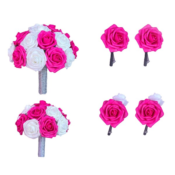 Bouquets de mariage fuchsia, bouquet de fleurs artificielles pour demoiselles d'honneur nuptiales, corsage boutonnière fuchsia DJ-185