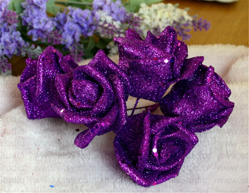 50 pcs Sparkling Glitter Flowers Royal Blue Roses For Brides Etsy