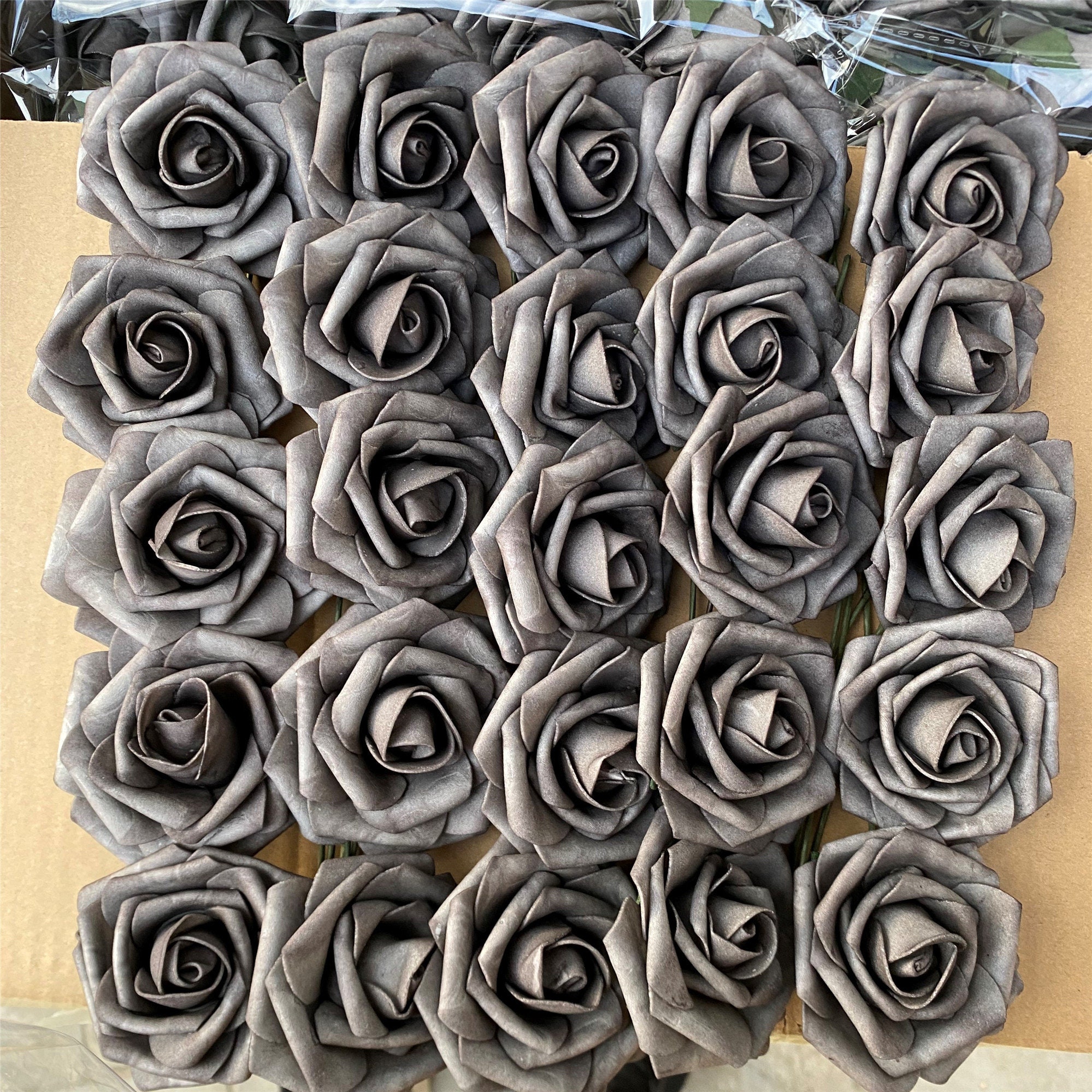 100 Pack 3 Grey Rose Fake Flower Heads for DIY Crafts, Weddings and Decor - Gray