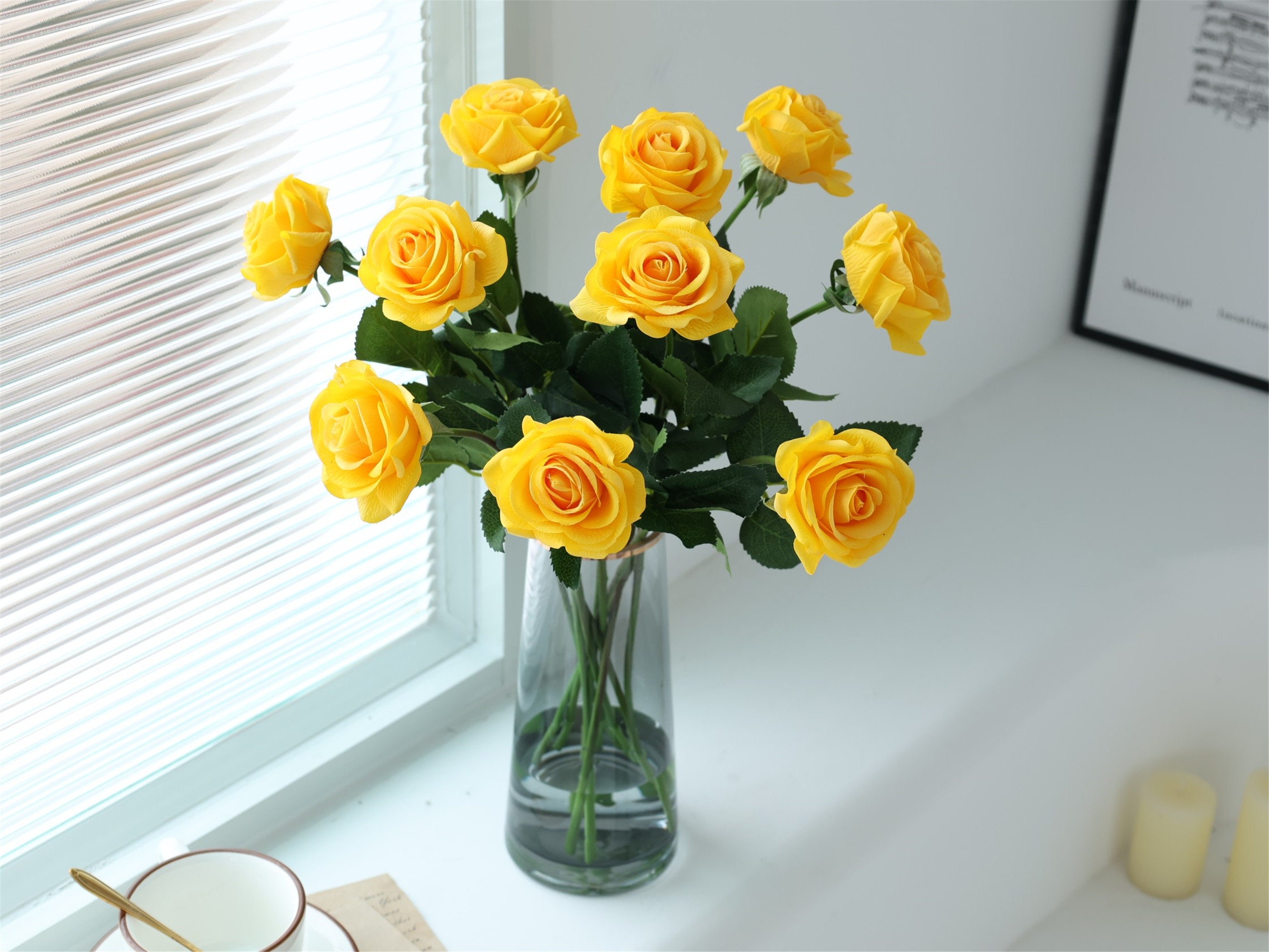 Bright Yellow Real Touch Roses Artificial Yellow Flowers 10 Etsy