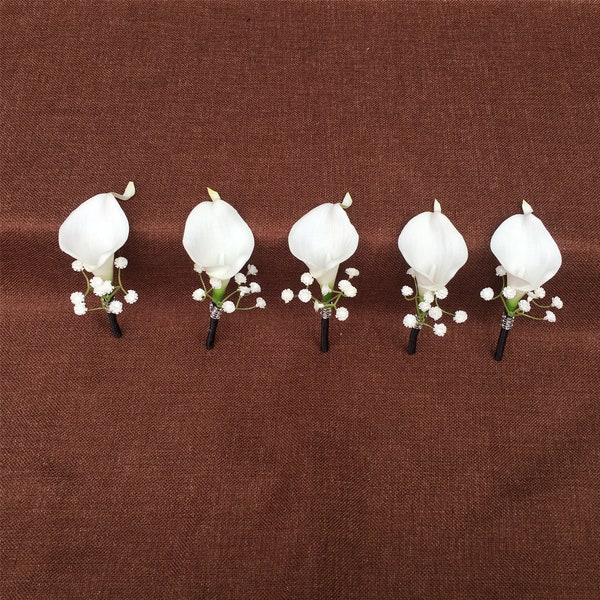 White Calla Lily Groom Boutonniere Best Man Groomsmen Boutineer Fathers Corsage Groom Lapel Flowers Various Models