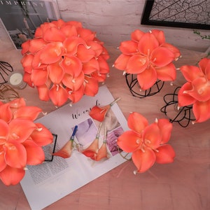 Coral Wedding Bouquets | Coral Calla Lily Bridal Bouquet | Coral Bridesmaid Bouquet | Coral Boutonniere and Corsage DJ-168