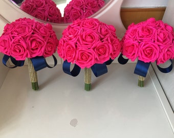Bouquet rose vif pour demoiselles d'honneur nuptiales ensemble de bouquet de mariage fleur artificielle boutonnière corsage ensemble ruban de soie bleu marine DJ-69