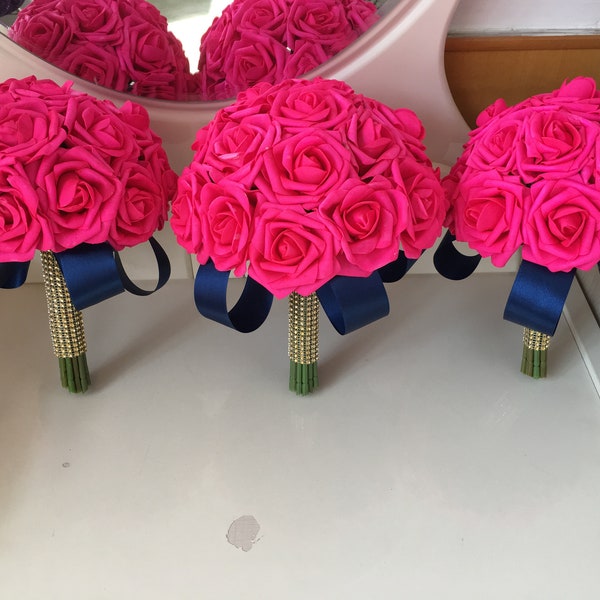 Hot Pink Bouquet For Bridal Bridesmaids Wedding Bouquet Set Artificial Flower Boutonniere Corsage Set Navy Blue Silk Ribbon DJ-69