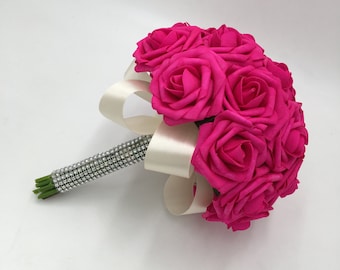 Bridal Bouquet Hot Pink Artificial Roses Flower Wedding Bouquet Silk Ribbon Fuschia Bridesmaids Flower Girl Bouquet DJ-8