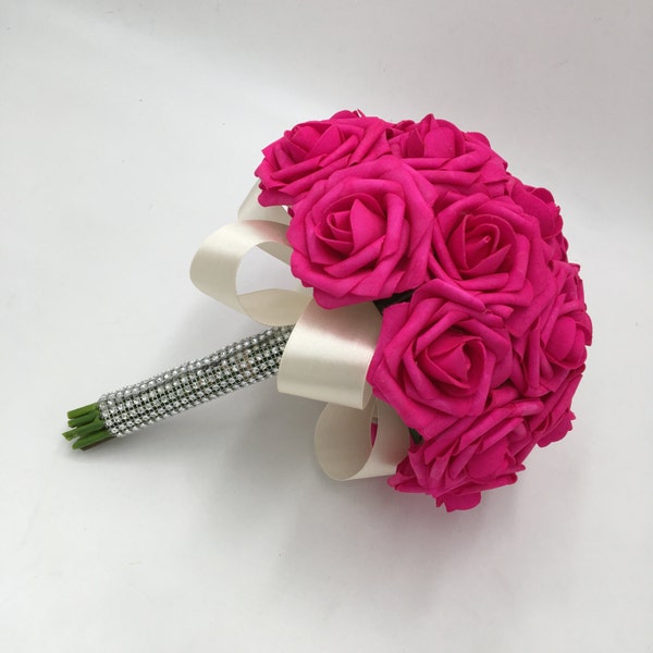 Bridal Bouquet Hot Pink Artificial Roses Flower Wedding Bouquet Silk Ribbon Fuschia Bridesmaids Flower Girl Bouquet DJ-8