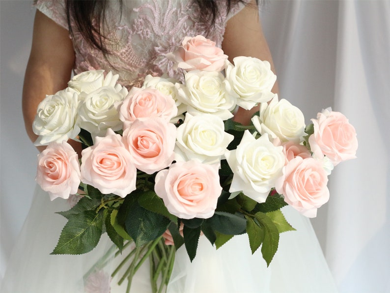 Real Touch Flowers Blush Silk Roses White Real Touch Flowers Etsy