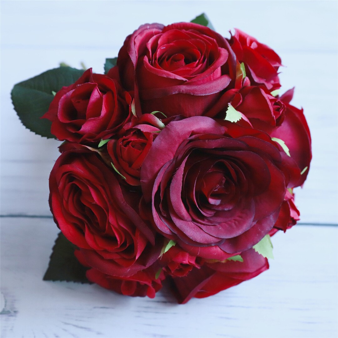 Maroon Silk Flowers Burgundy Roses Wedding Bouquet Artificial Dark Red