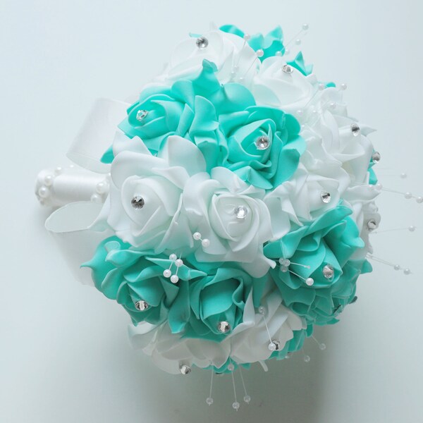 Turquoise and White Wedding Bouquets for Bride Bridesmaids Artificial Flowers Bouquet, Corsages and Boutonniere DJ-9