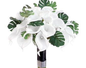 Artificial White Calla Lilly Wedding Bridal Bouquet Tropical Wedding Flowers Calla Lily Bouquet with Greenery Monstera Deliciosa Leaf DJ-77A