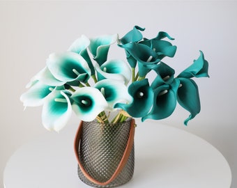 Oasis Teal Wedding Flowers Teal Green Calla Lilies 10 stem Real Touch Calla Lily Bouquet Wedding Centerpieces Decorations MTL-FLN003