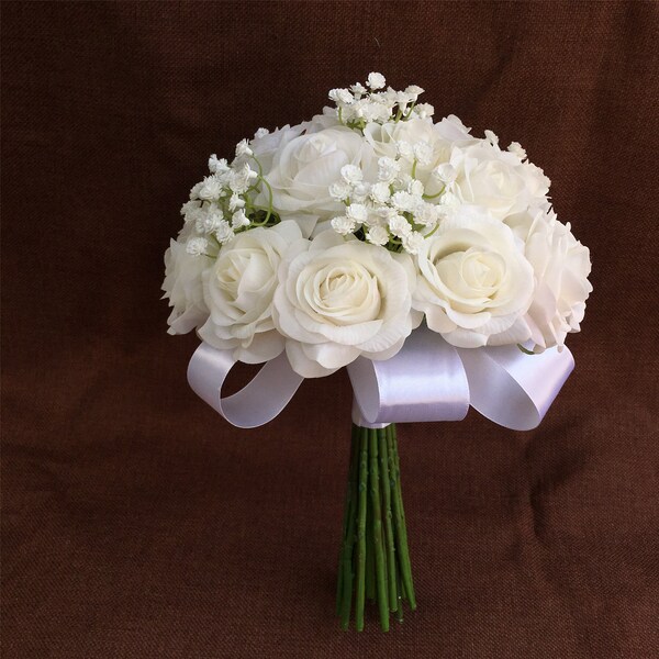 Artificial Bridal Bouquet Cream White Real Touch Roses with Babys Breath Rustic Wedding Flowers DJ-94