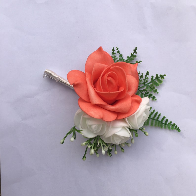 Coral Rose Boutonniere, Coral Flower Grooms Pin, Flower Lapel Boutonniere, Buttonhole Pin, Groomsmen Lapel Buttonhole XH17 image 1