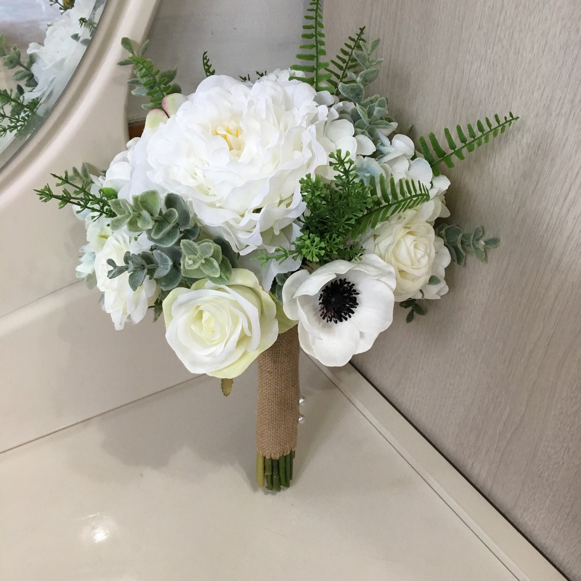 Artificial Peony Bouquet White Anemones Silk Flower Bouquet Etsy