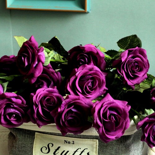 Purple Flowers Plum Real Touch Roses Silk Wedding Flowers 10 Etsy