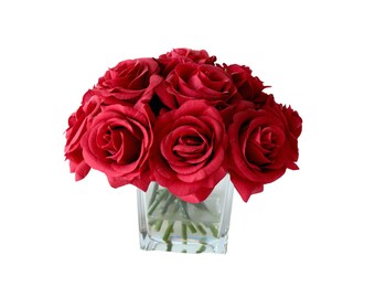 Real Touch Red Roses Artificial Flower Arrangement in Vase for Valentine's Day Gift Flower Table Centerpieces VZZ-01