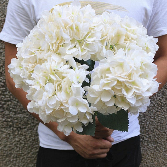 White Fake Hydrangea Bush 5 Blooms Silk Hydrangea Bunch White