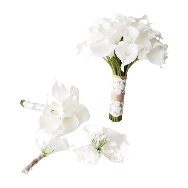 Artificial Flowers White Calla Lily Wedding Bouquets Rustic Burlap Lace Handle for Bride Bridesmaids, Boutonnieres and Corsages DJ-77B