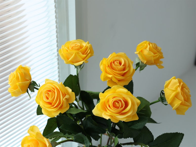 Bright Yellow Real Touch Roses Artificial Yellow Flowers 10 Etsy
