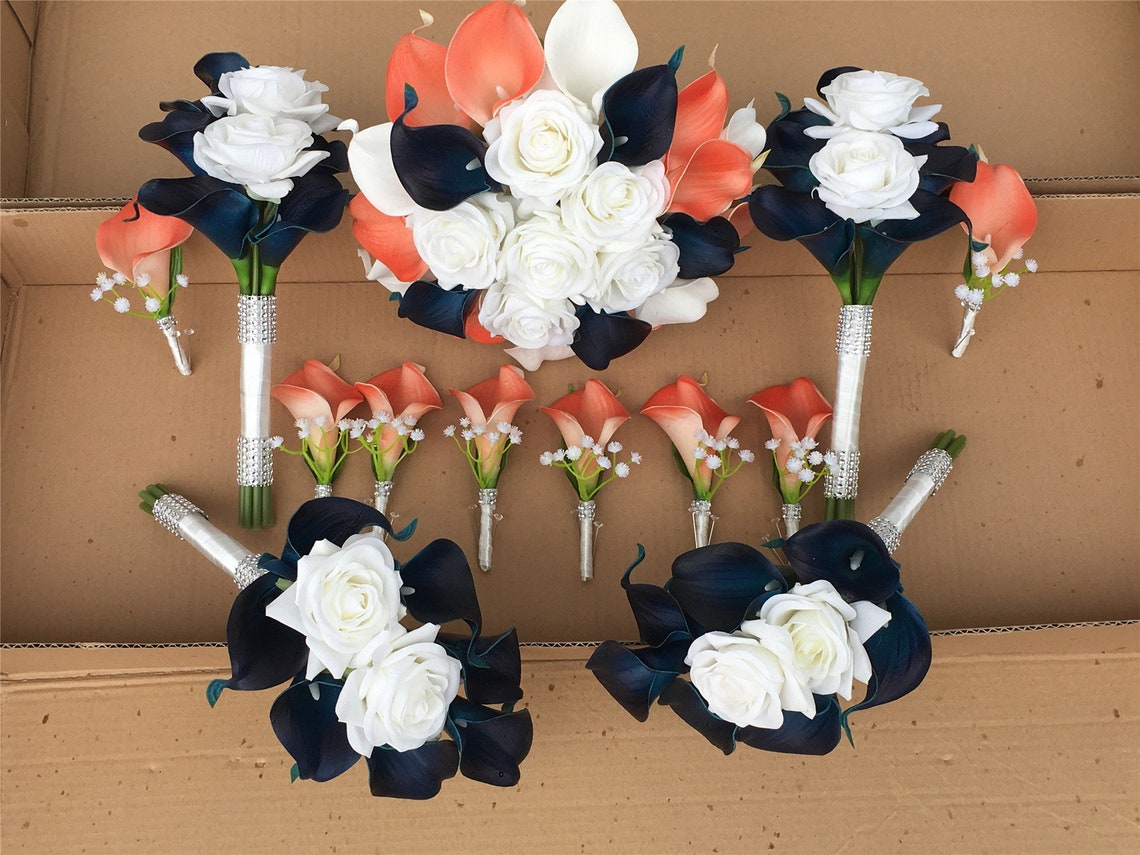 Navy Blue and Coral Calla Lily Bouquet With White Real Touch | Etsy