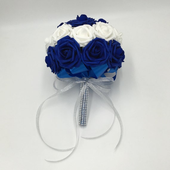 Royal Blue And White Rose Bouquet For Bridal Bridesmaids Bride Etsy