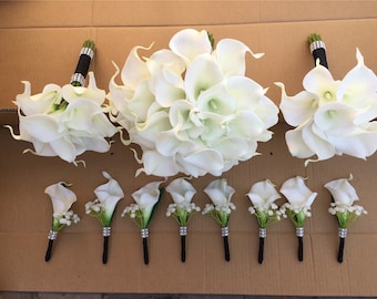 White Calla Lilly Bouquet White Bridal Bouquet Bridesmaids Bouquet White Call Lily Boutonniere PU Real Touch Calla Lilies Bouquets DJ-77