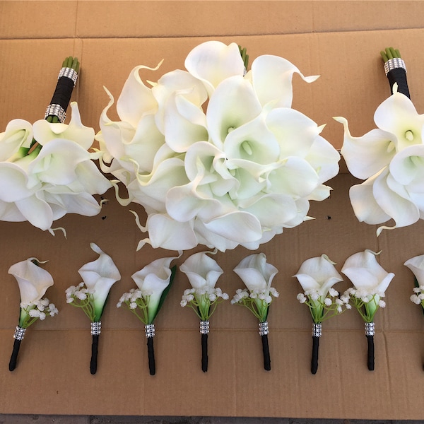 White Calla Lilly Bouquet White Bridal Bouquet Bridesmaids Bouquet White Call Lily Boutonniere PU Real Touch Calla Lilies Bouquets DJ-77