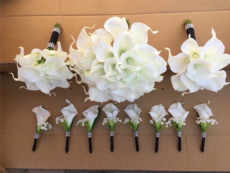 White Calla Lilly Bouquet White Bridal Bouquet Bridesmaids Bouquet White Call Lily Boutonniere PU Real Touch Calla Lilies Bouquets DJ-77 